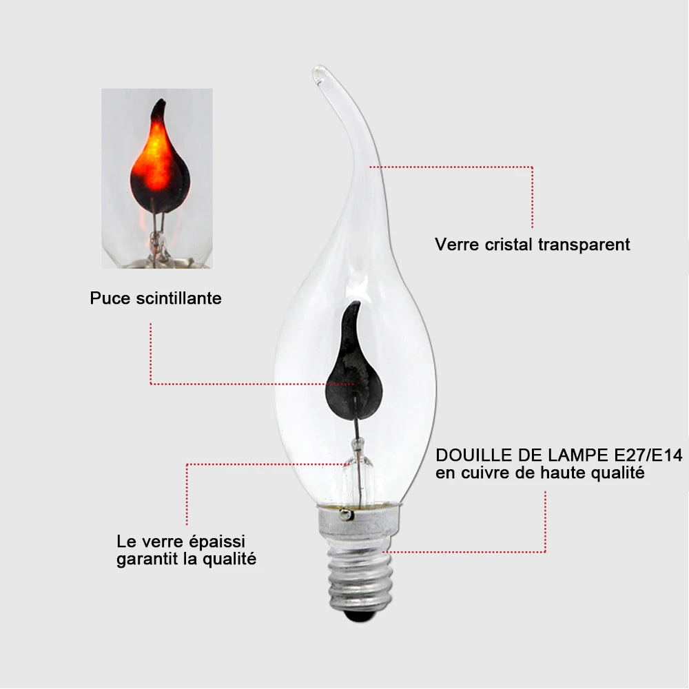 ampoule led flamme transparente moderne filament noir 2700k e27 e14 3w vintage 220v 30000h