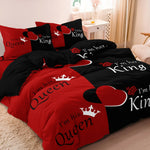 ensemble literie rouge noir coeurs couronnes moderne king queen chambre lit