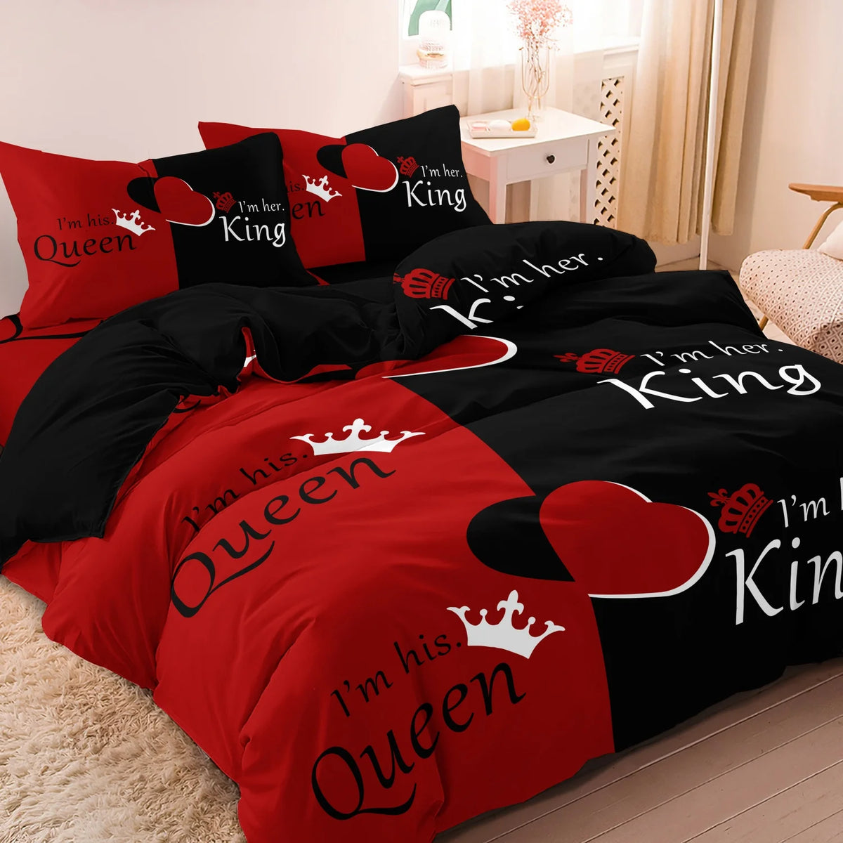 ensemble literie rouge noir coeurs couronnes moderne king queen chambre lit