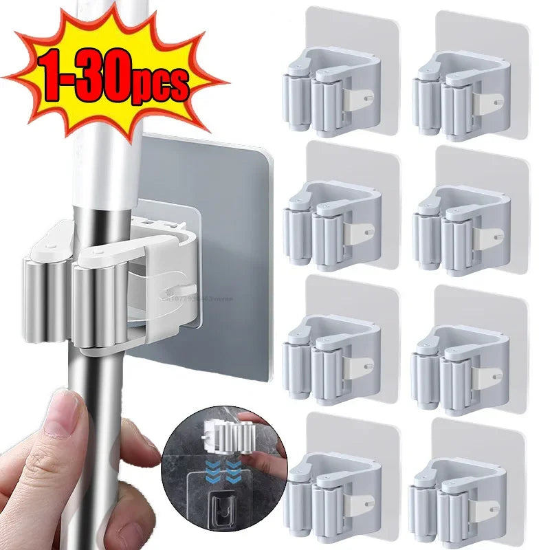 porte balai adhésif multifonction blanc moderne accroche balais brosse poussière sol rangement cuisine salle