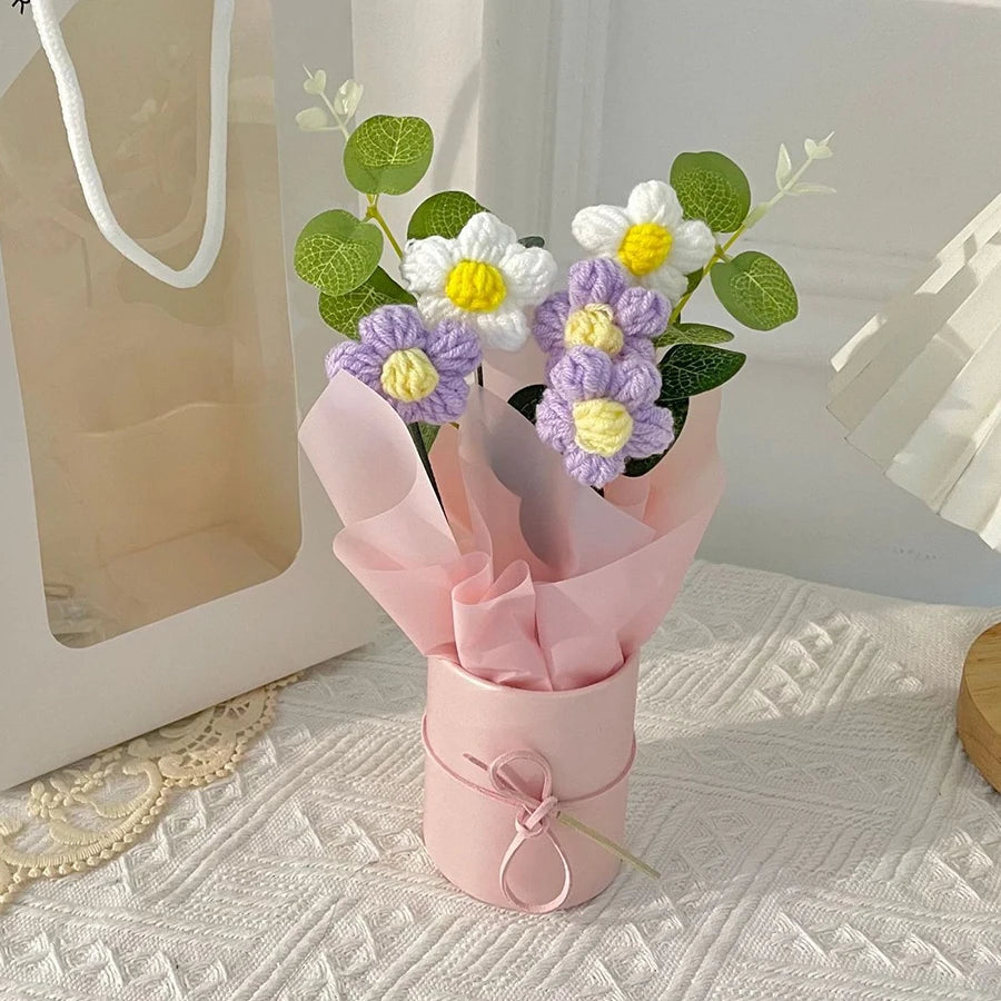 bouquet artificiel fleurs boutons blanc rose violet orange bleu feuilles vertes ruban satin decoration