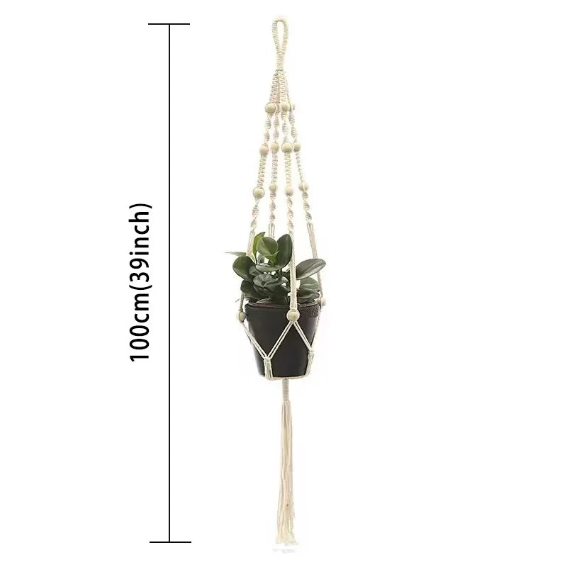 support plante suspendue macramé boho panier blanc noeuds réguliers artisanal pot fleuri