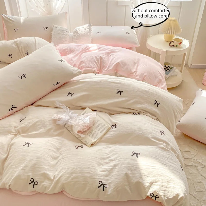 ensemble literie moderne blanc rose nœuds papillon housse couette taies d'oreiller doux polyester serge