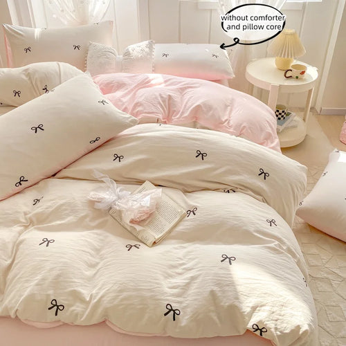 ensemble literie moderne blanc rose nœuds papillon housse couette taies d'oreiller doux polyester serge
