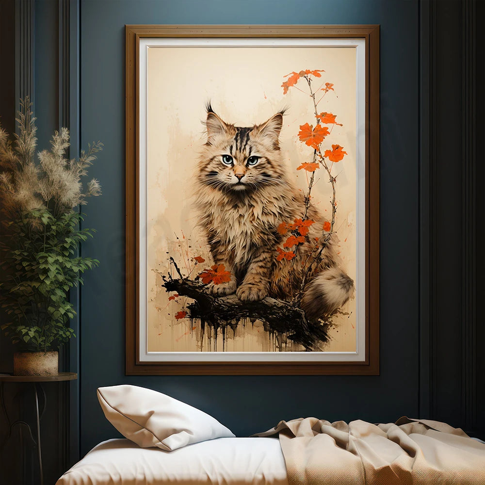 Un chat majestueux parmi les feuilles d'automne, son regard intense captivant l'attention dans cette œuvre d'art murale.