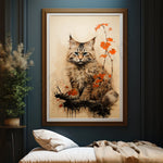 Un chat majestueux parmi les feuilles d'automne, son regard intense captivant l'attention dans cette œuvre d'art murale.