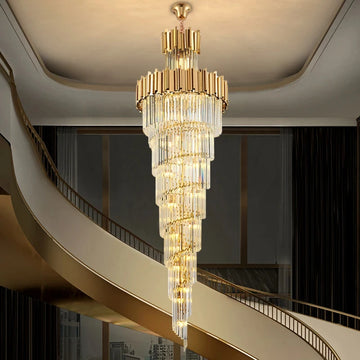lustre suspendu cristal doré moderne grand éclairage luxe salon hall géométrique élégant