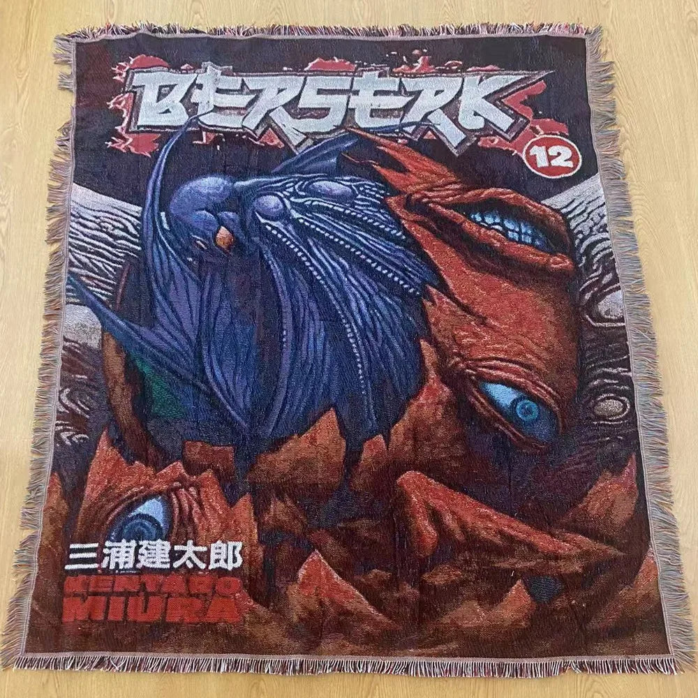 tapisserie dessin animé berserk personnage épée armure noir blanc gris bleu rouge marron jacinthe