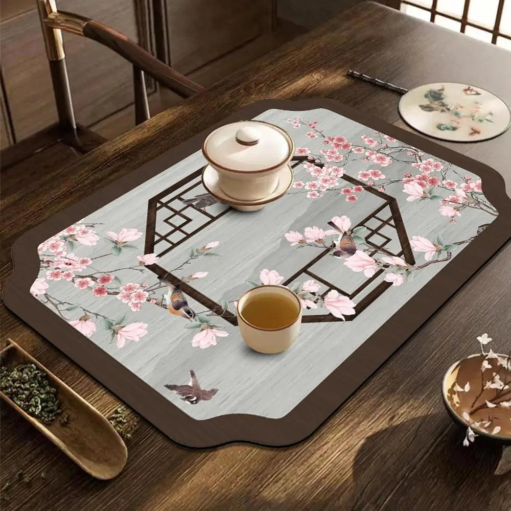 tapis table art traditionnel fleurs oiseaux bleu clair beige brun