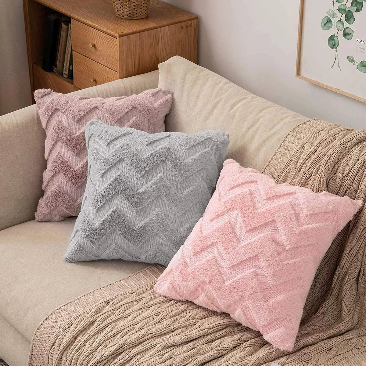 coussin decoratif plush 45x45cm motif zigzag moderne blanc gris rose chambre salon voiture