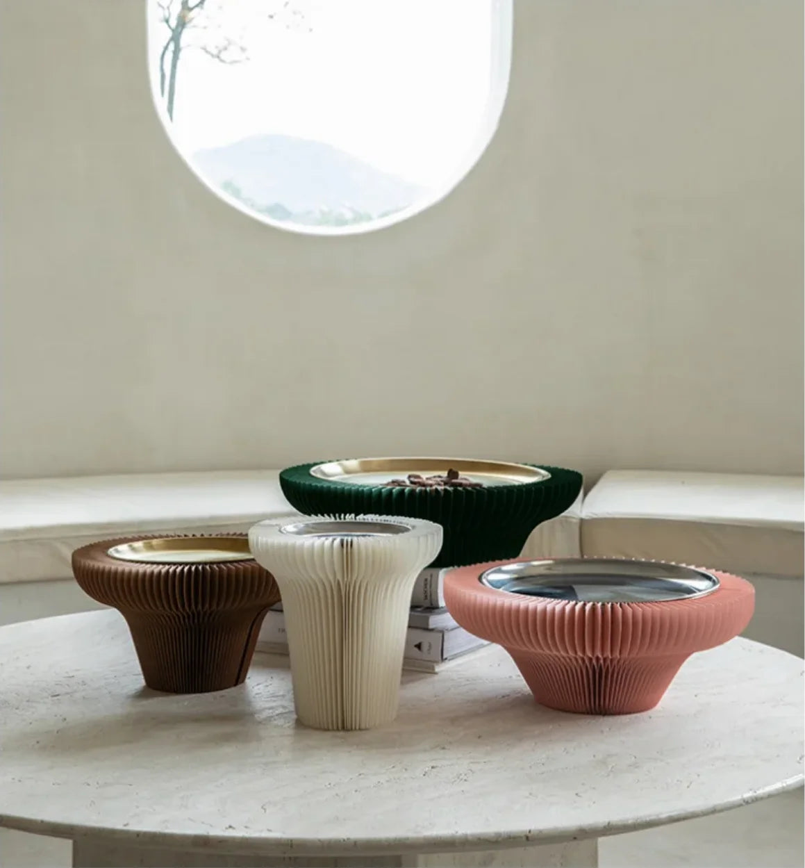 plateau pliable fibre végétale blanc vert rose marron rayures horizontales moderne multifonctionnels cosmétiques aromathérapie