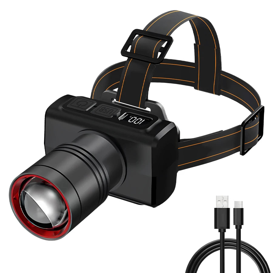lampe frontale intelligente led rechargeable zoomable noir rouge moderne fonctionnel ceinture ajustable