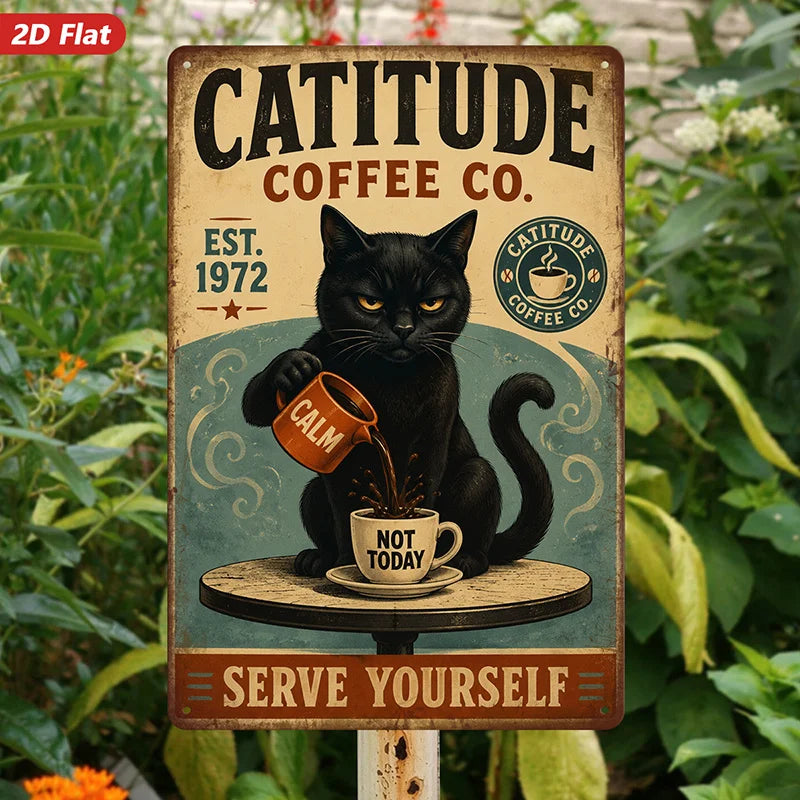 plaque métallique vintage illustration chat noir tasses catitude coffee co serve yourself decoration intérieure