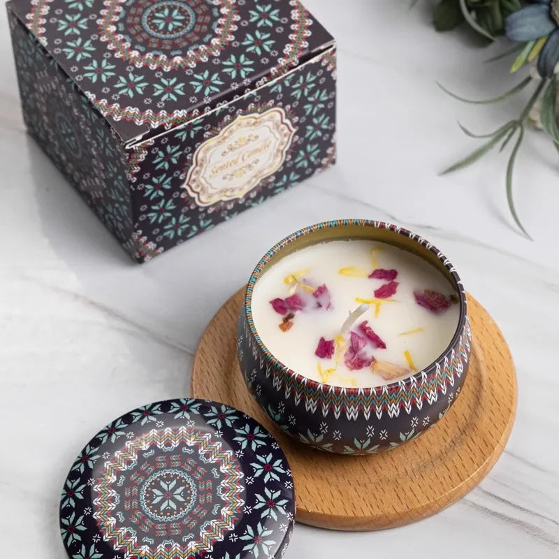 bougie parfumée cire soja boho chic motif mandala couvercle boîte rangement