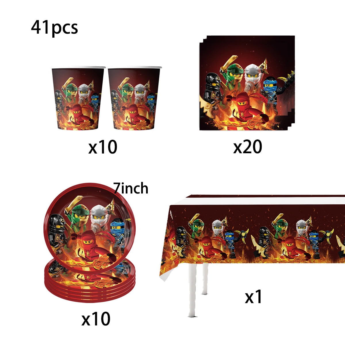 assiettes papier serviettes gobelets tissu table ninjas feu anniversaire thème ninja rouge vert