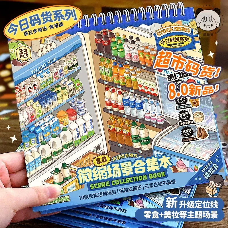 scène dessin animé 3d livre supermarché rayonnages produits détaillées spirale opacité bleu blanc rose
