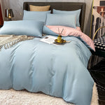 ensemble literie couleur bleue moderne couverture taies oreiller satinées