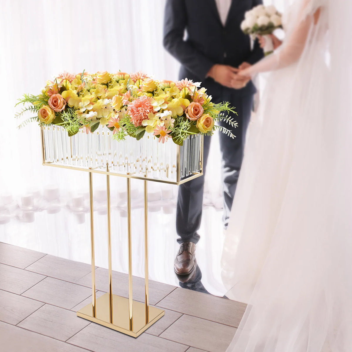 présentoir fleurs cristal moderne or blanc violet jaune 70x90cm table mariage deco centroil transparent