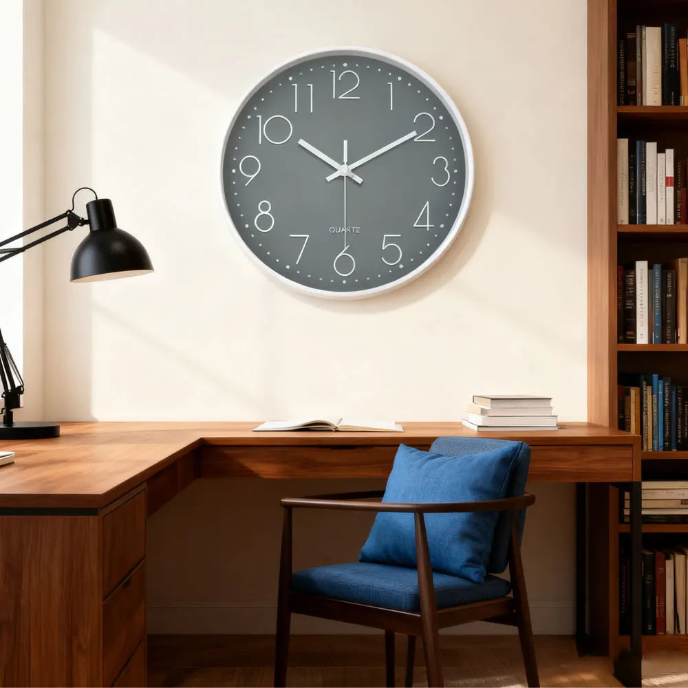 horloge murale moderne quartz aiguille cadran blanc cadre doré numeros 3d relief 10 12