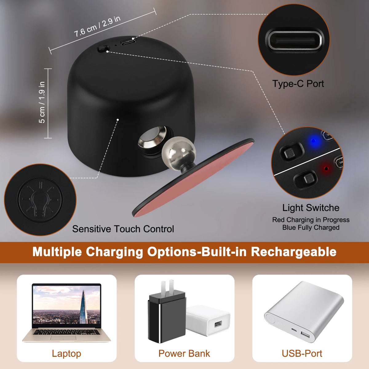 lampe led tactile noire rotation 360° couleurs changeables télécommande moderne minimaliste