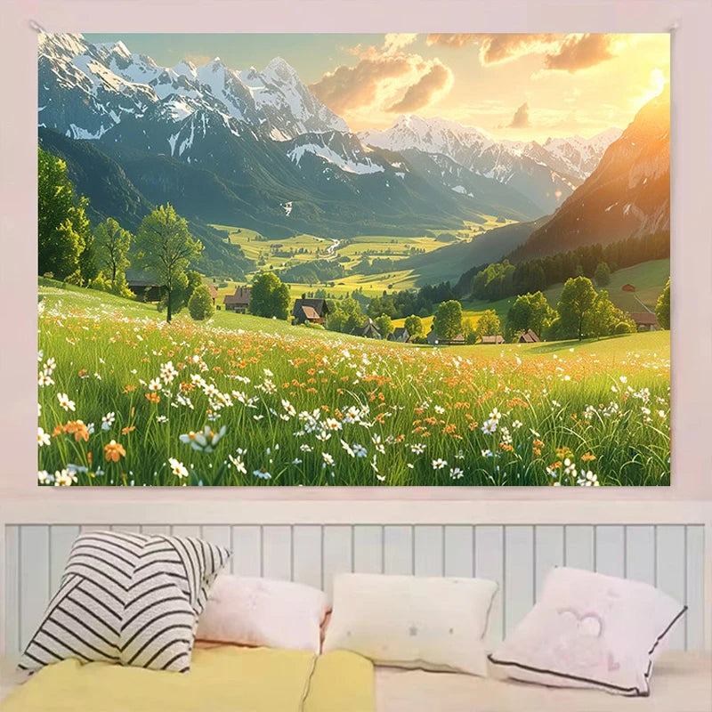 tapisserie murale paysage nature montagne fleurs décoration chambre adulte toile décorative tissu polyestère grande