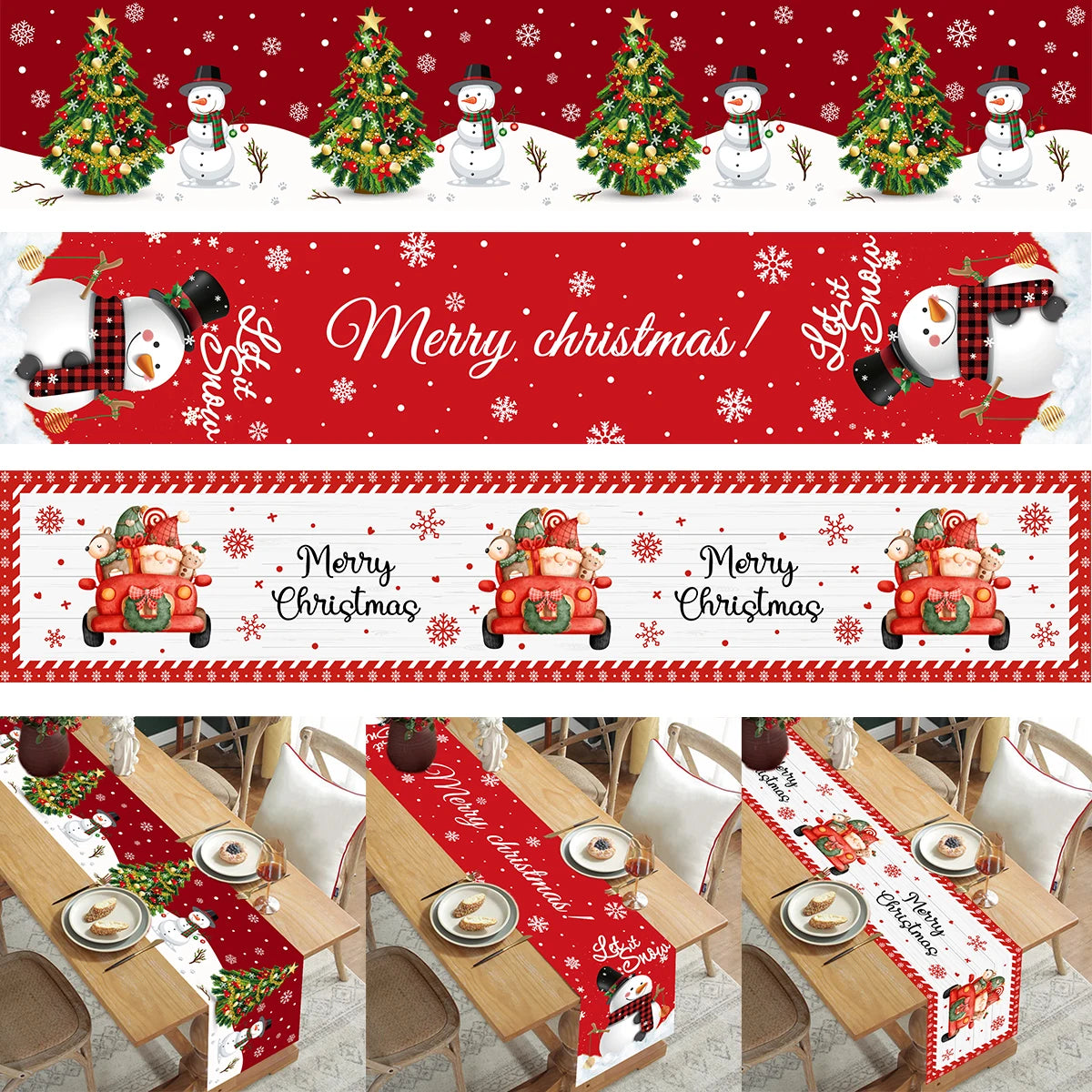 table noel chemin rouge blanc sapins flocons guirlandes decorations festive
