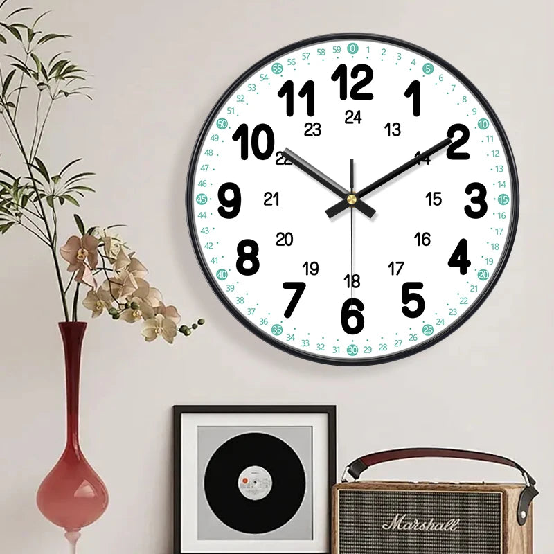 horloge murale ronde aiguille quartz cadran blanc chiffres noirs cadre noir moderne classique