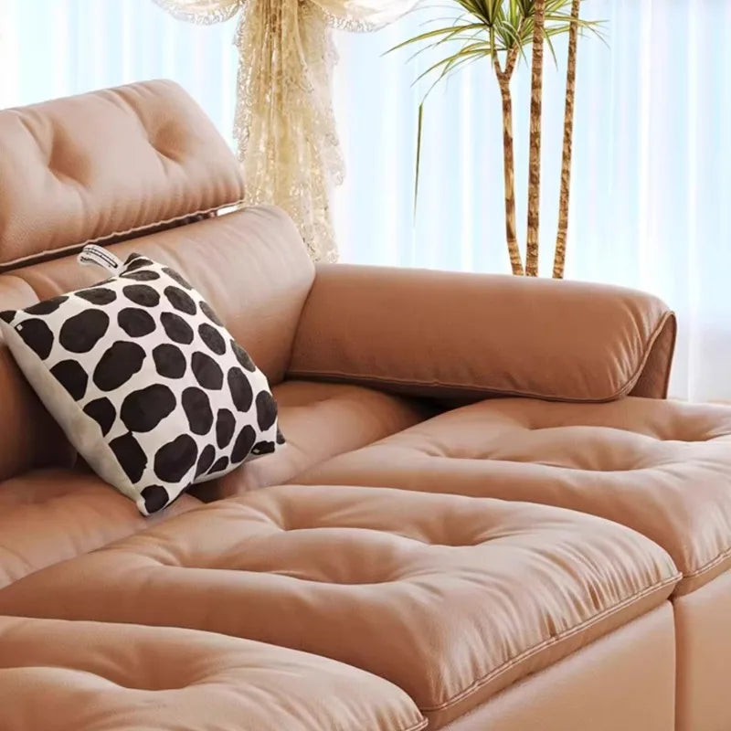 canapé d'angle simili cuir marron clair moderne 255cm longueur inclinable coussin décoratif