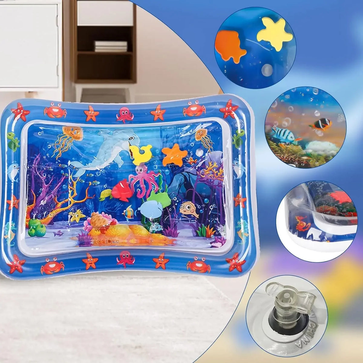 tapis d'éveil bébé thème marin poissons coraux étoiles mer bleu blanc orange verte rose