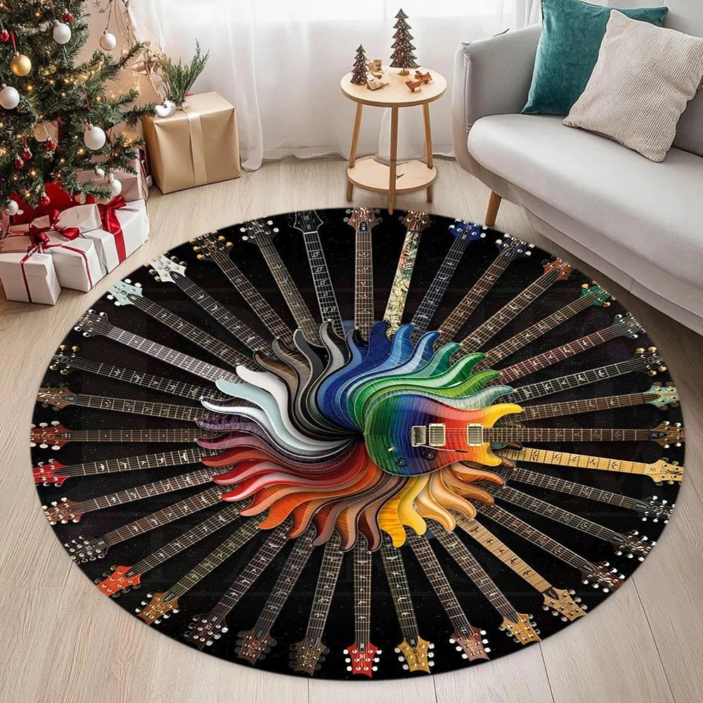 tapis rond guitares multicolores moderne salon chambre décoration extérieur salle bain noir