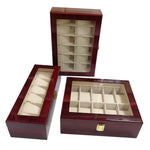 boîtes montres bois rouge foncé noir élégantes velours beige verre transparent cadenas dorés 10