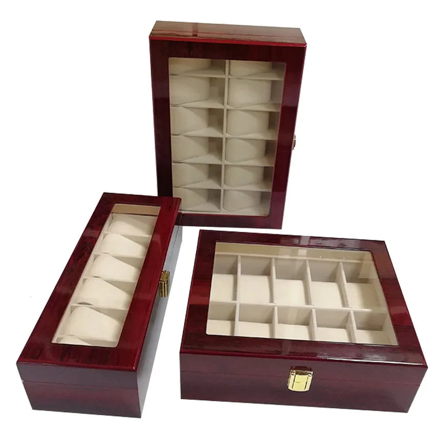 boîtes montres bois rouge foncé noir élégantes velours beige verre transparent cadenas dorés 10