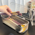 boîte maquillage transparente rayures verticales moderne poignée brosse pinceau tampon réutilisable