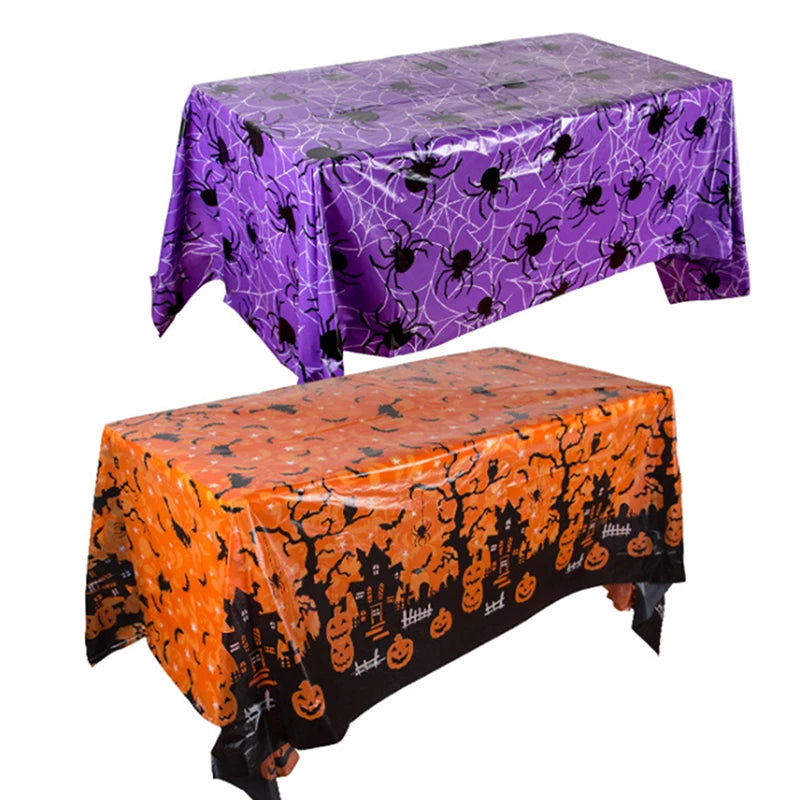 nappe table halloween araignées citrouilles fantômes violet orange vert festive pliante plastique transparente opaquement