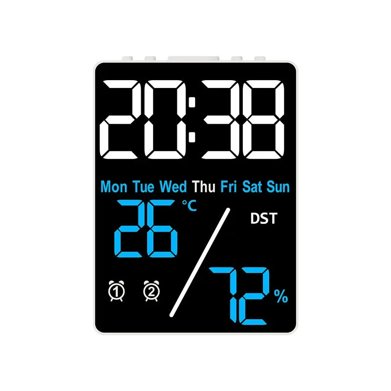 horloge numérique moderne affichage heure jour température humidité alarme rechargeable noir blancécran led