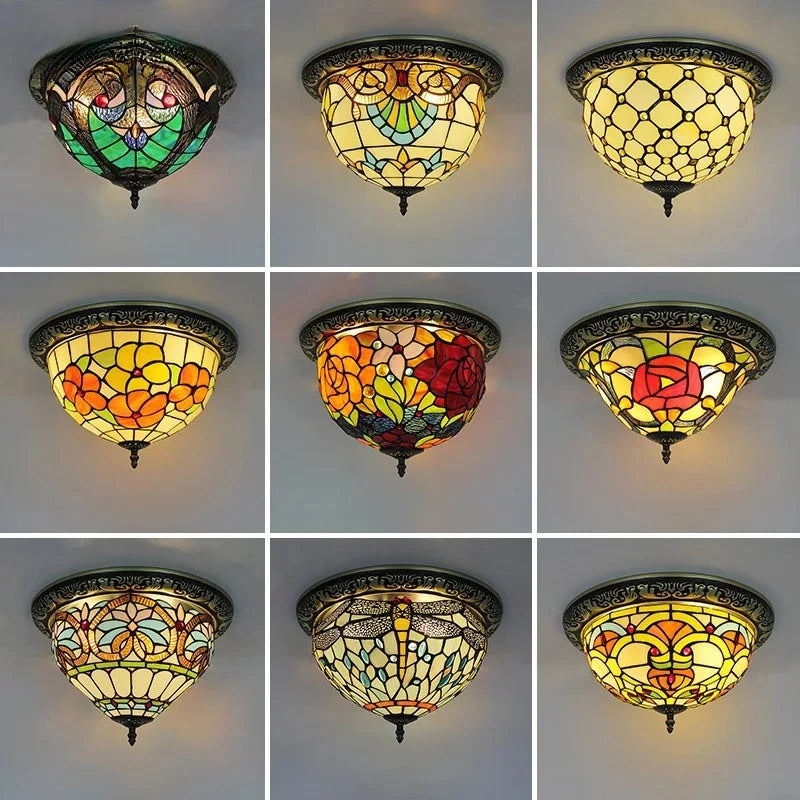 lampe tiffany bleu vert rose mosaïque géométrique floraux vis monté