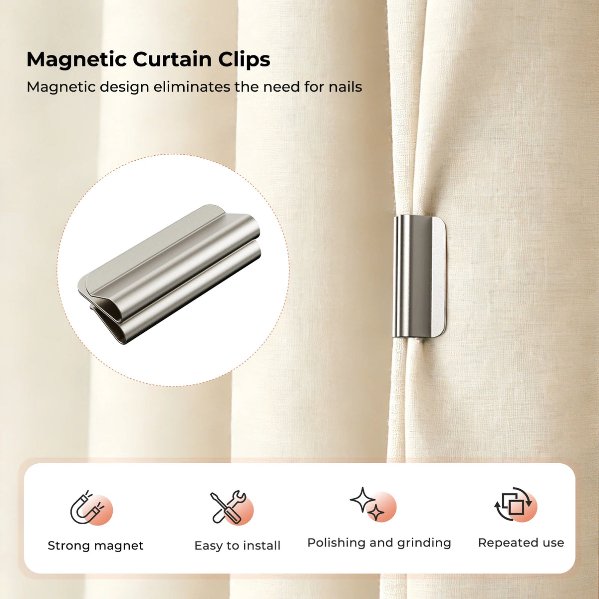 clips rideau magnétiques argentés modernes salon chambre sans perçage paires paires métal inoxydable