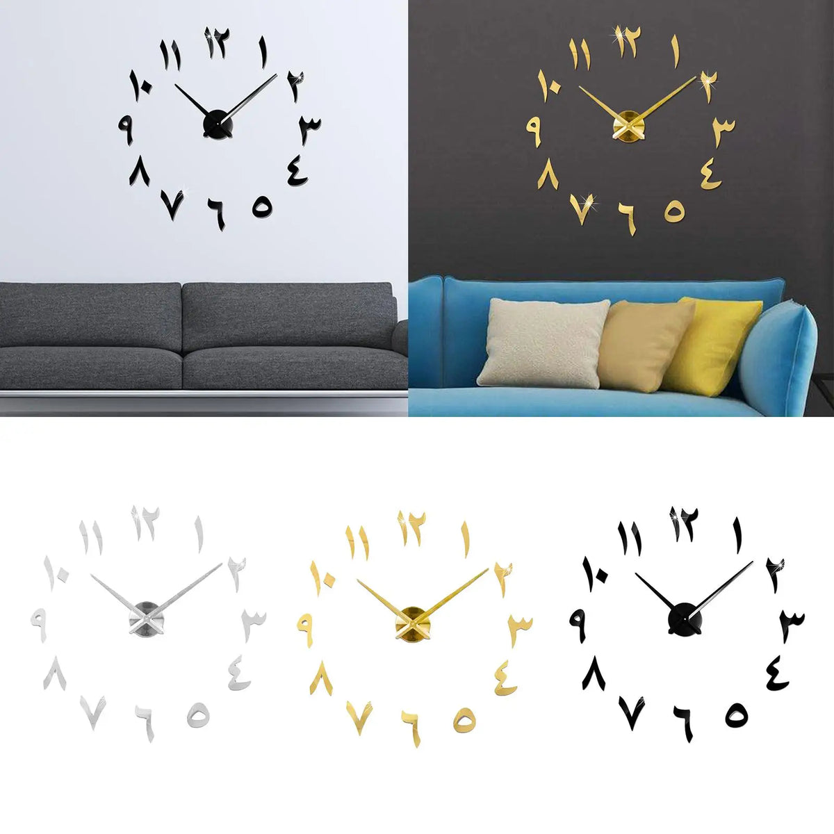 horloge murale décorative argentée moderne grande taille diy adhésive chambre salon