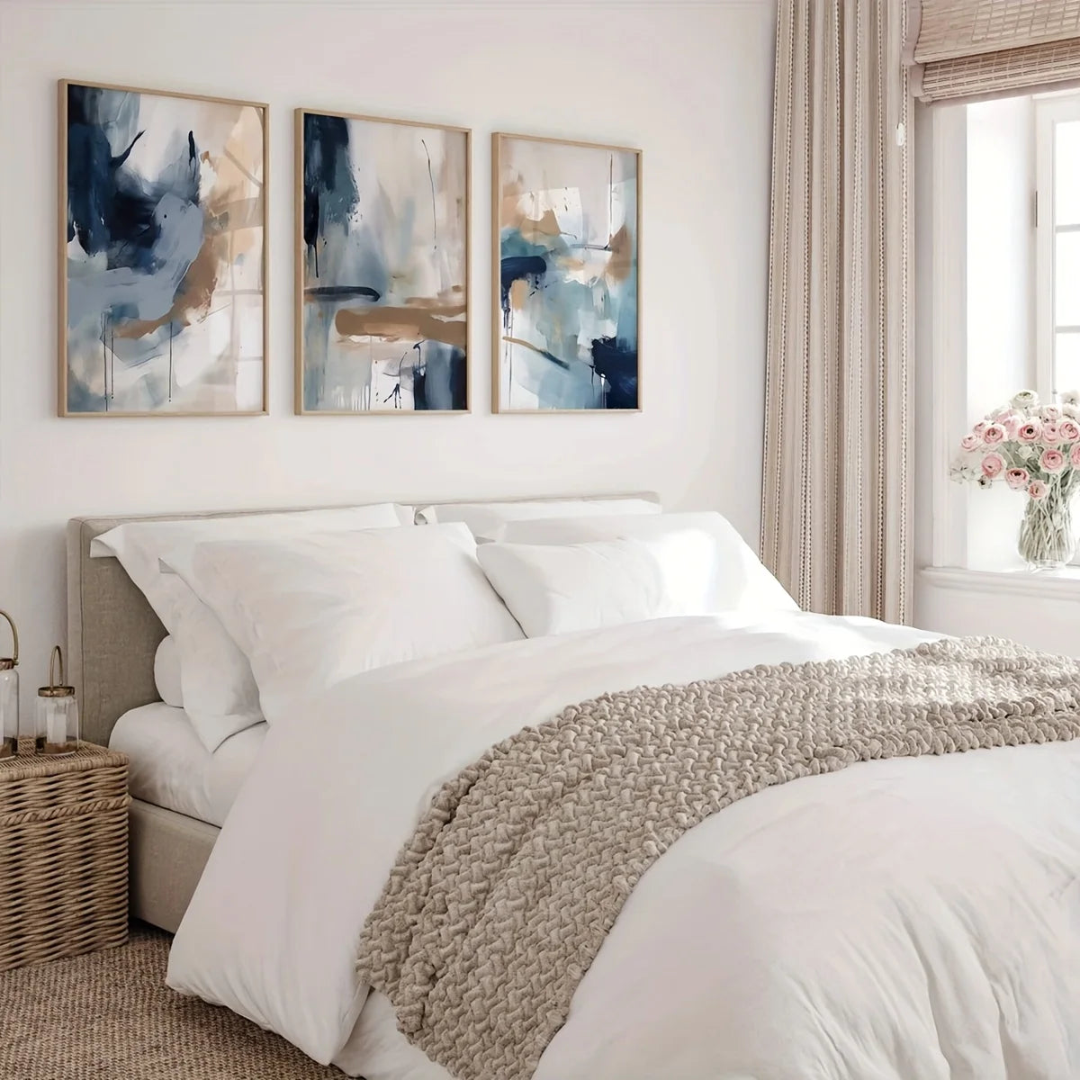 toile d'art abstraite contemporaine bleu beige peinture huile cadre bois salon moderne decoration