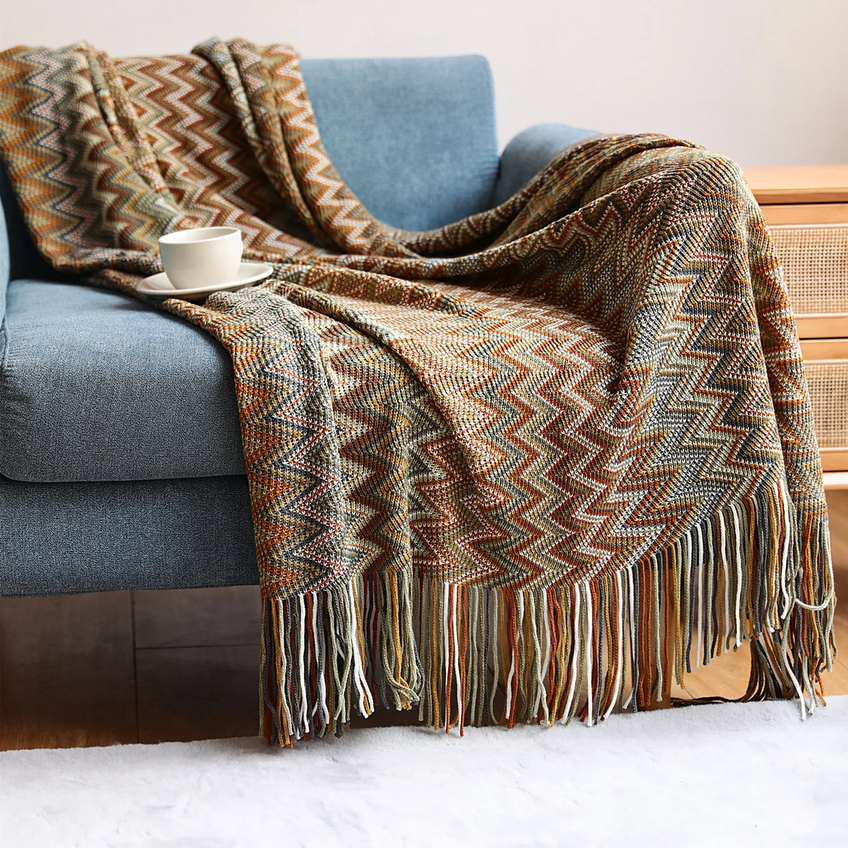 couverture plaid bohème ethnique rouge orange marron turquoise beige zigzag franges adaptable maison