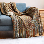couverture plaid bohème ethnique rouge orange marron turquoise beige zigzag franges adaptable maison