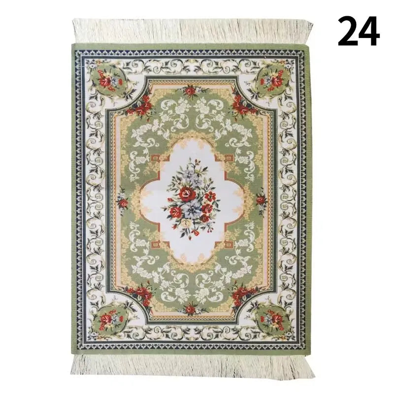 tapis ornements floraux géométriques franges blanches non glissant rouge vert beige