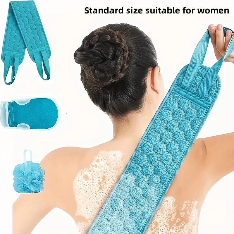brosse bain moderne gant serviette bleu texture hexagonale set bain trois pièces