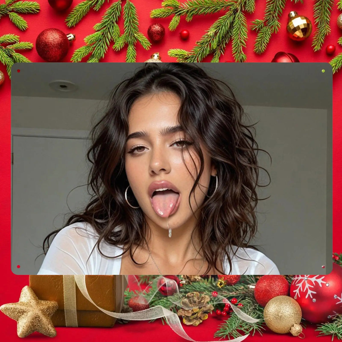 panneau décoratif métal rouge argenté noir portrait femme boucles brunes noel boules guirlande cloches