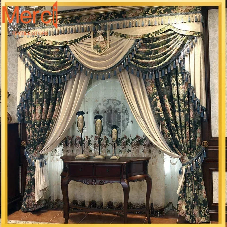 rideaux floral vert foncé motifs végétaux broderies semi transparents baroque