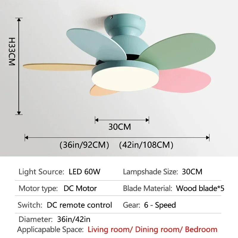 ventilateur moderne bois couleur vert rose bleu clair lampe intégrée télécommande led suspension chambre
