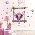 sticker mural illustration fée balançoire papillons coeurs nuages chambre enfant violet beige vert blanc