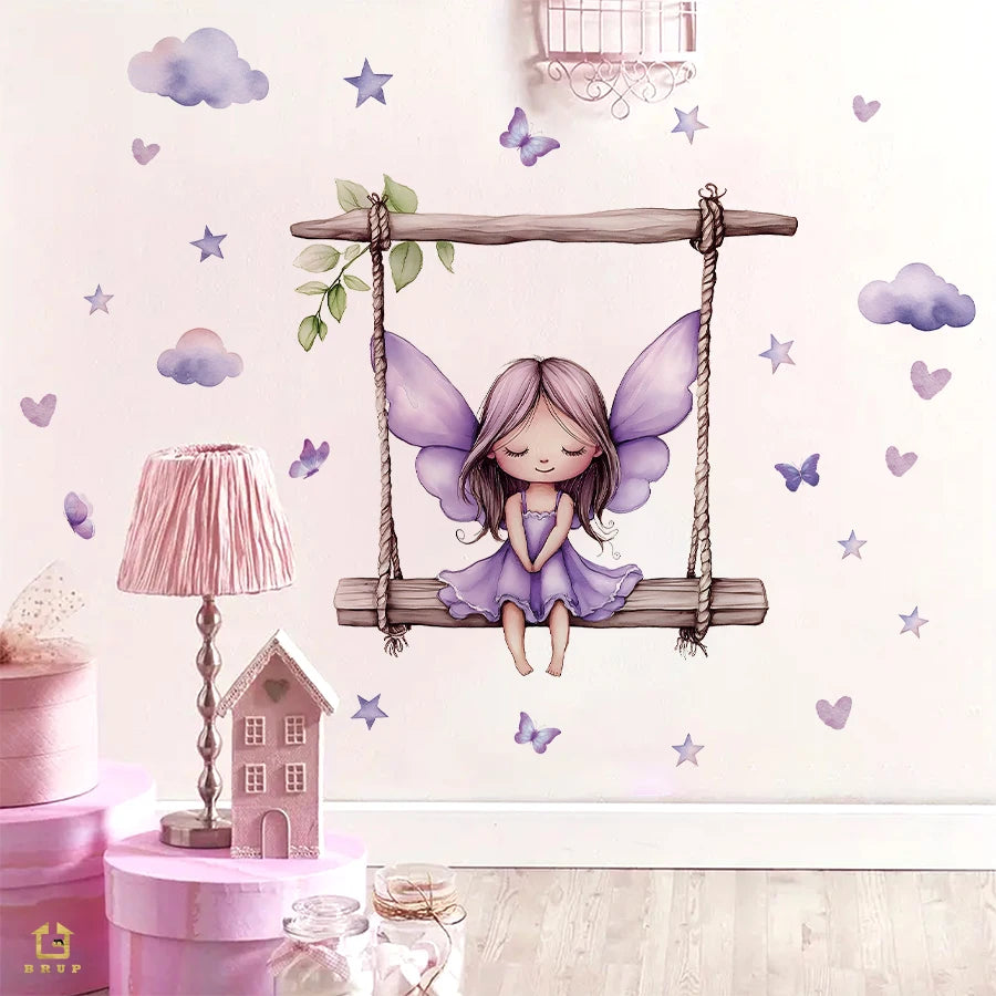 sticker mural illustration fée balançoire papillons coeurs nuages chambre enfant violet beige vert blanc
