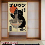 rideau porte vintage japonais chat noir nouilles poisson beige gris polyester opaque crochets chambre
