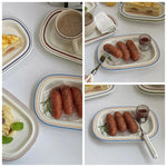 assiettes ovales rayées blanc bleu orange brun vaisselle classique décoration table servir plats après